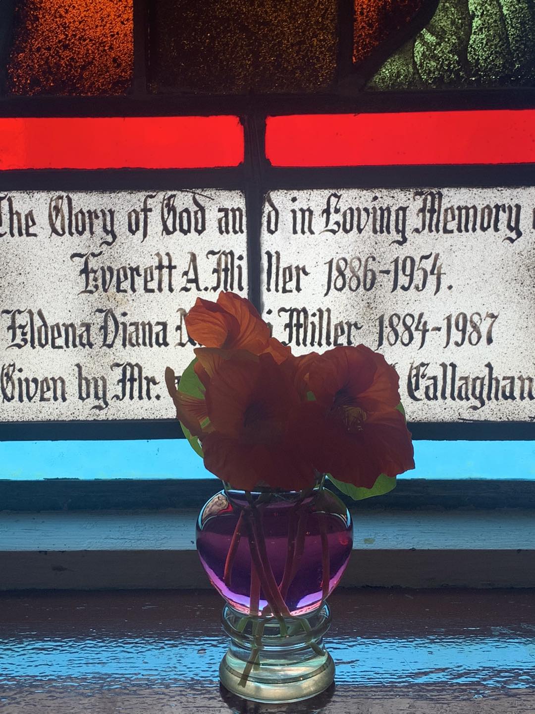 On Sunday, August 18, a Parish service was held at St. Mark's in Mill Cove. We had a lovely service led by Rev. Ann Turner and assisted by Rev. Jerry Cavanaugh and Clair MacInnis. Vases of nasturtiums were placed on the window sills of each stained-glass window in the nave of the church in memory of Joanne Eldershaw's mother, Mabel Johnson. Nasturtiums were Mabel's favourite flower.